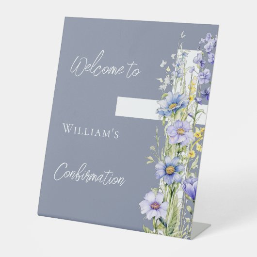 Signe De Table Confirmation croix florale bleu poussiéreux bienve (Recto)