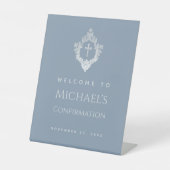 Signe De Table Confirmation du garçon Croix élegante bleu Dusty à (Recto)
