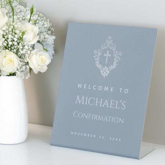 Signe De Table Confirmation du garçon Croix élegante bleu Dusty à