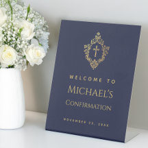 Confirmation Garçon Marine Blue Faux Gold Cross & 