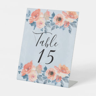 Signe De Table Corail et bleu Dusty Mariage Floral Numéro de tabl