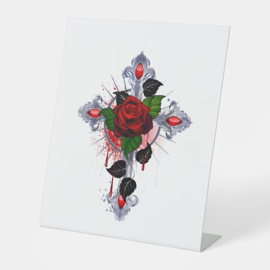 Signe De Table Croix d'argent avec une rose rouge (Recto)