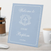 Signe De Table Croix florale simple sur Baptême bleu clair Accuei (In SItu)