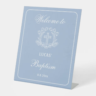 Signe De Table Croix florale simple sur Baptême bleu clair Accuei