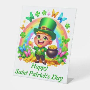 Signe De Table Cute arc-en-ciel Leprechaun avec or