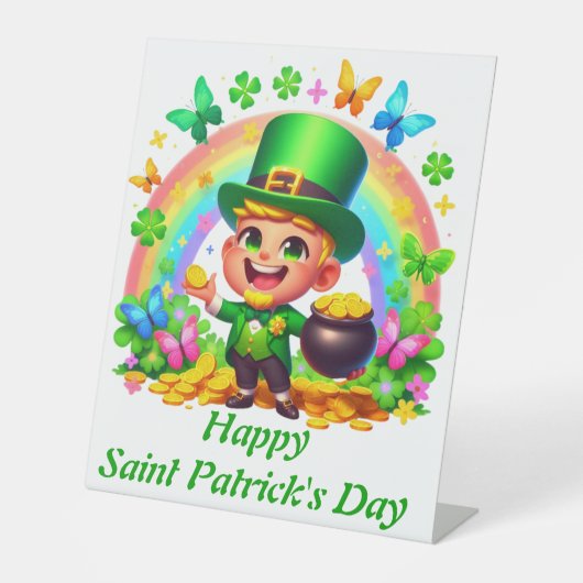 Signe De Table Cute arc-en-ciel Leprechaun avec or (Recto)