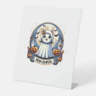 Signe De Table Cute Meow-lolween Chat en costume fantôme Hallowee