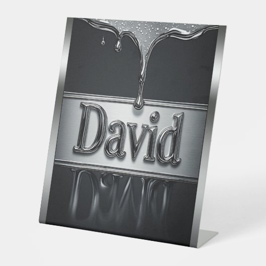 Signe De Table David Nom en Métal Liquide Chrome (Recto)
