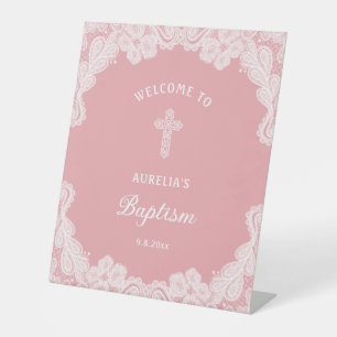 Signe De Table Dentelle blanche sur le Baptême rose Bienvenue