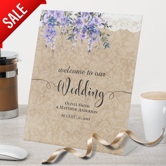 Signe De Table Dentelle mariage Affiche de bienvenue Purple Wiste