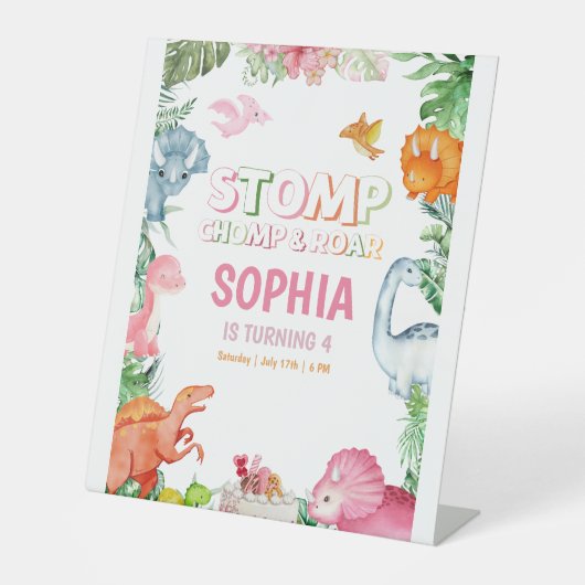 Signe De Table Dinosaure rose fête d'anniversaire, Filles Dinosau (Recto)