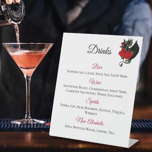 Signe De Table Dragon noir Roses rouges Imaginaire Boissons Menu
