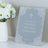 Signe De Table Dusty Blue Boy First Communion Feuilles de bienven