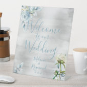 Signe De Table Dusty Blue Floral Bienvenue Notre Mariage manuscri (In SItu)