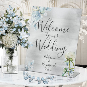 Signe De Table Dusty Blue Floral Silver Bienvenue À Notre Mariage