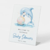 Signe De Table Dusty Blue Funny Dolphin Baby shower Bienvenue (Recto)