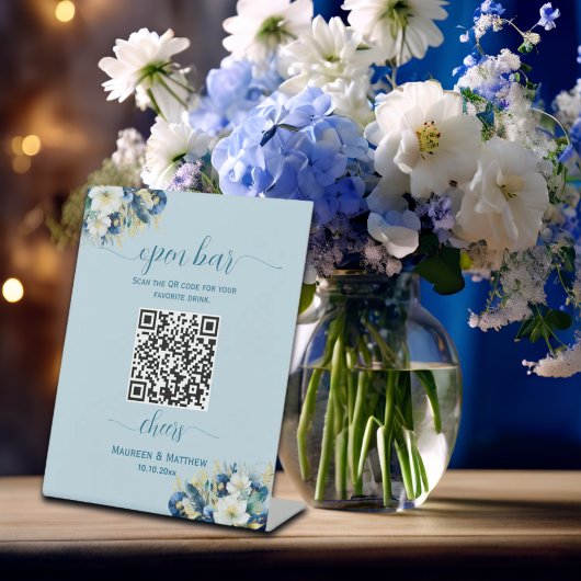 Signe De Table Dusty Blue Gold QR Code Mariage Open Bar Menu