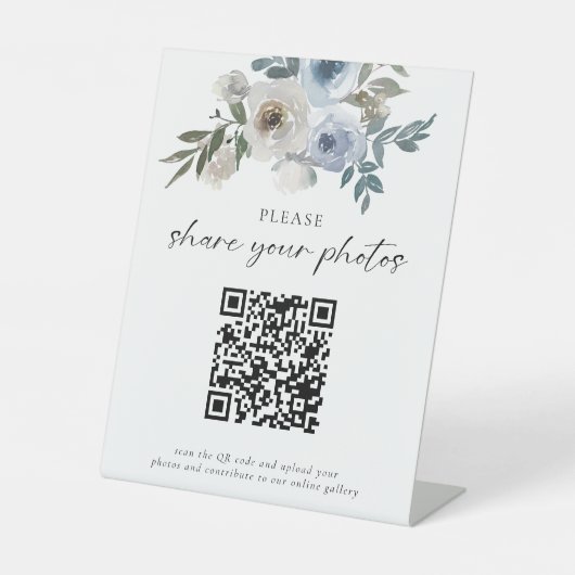 Signe De Table Dusty Blue Mariage Photos QR Code Welcome Script (Recto)