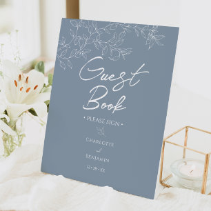 Signe De Table Dusty Blue Minimal Leaf Mariage livre d'hôtes