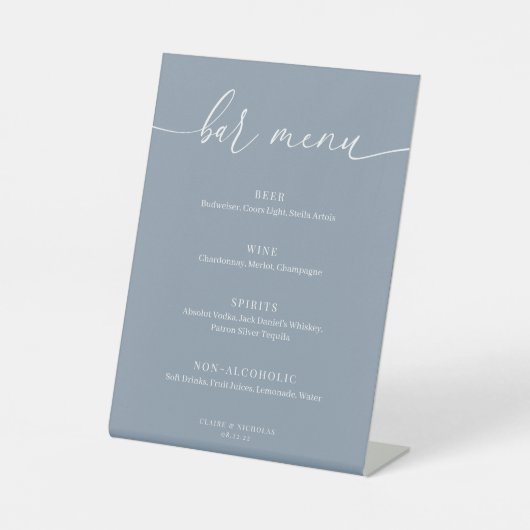 Signe De Table Dusty Blue Modern élégant Wedding Bar Menu (Recto)
