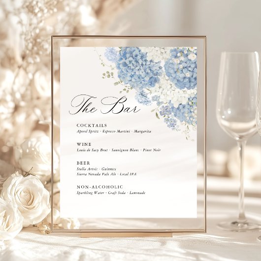 Signe De Table Dusty Blue White Hydrangea Wedding Bar Menu