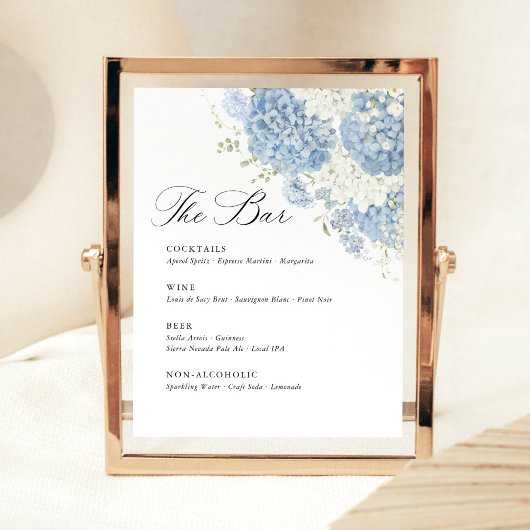 Signe De Table Dusty Blue White Hydrangea Wedding Bar Menu