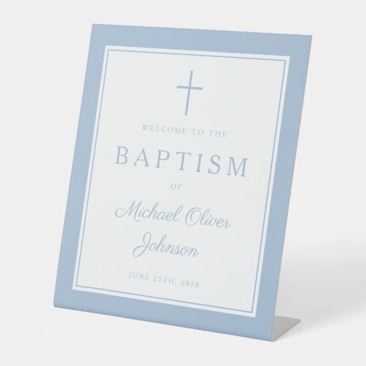 Signe De Table Elegant Baby Blue Cross Boy Baptism Welcome (Recto)