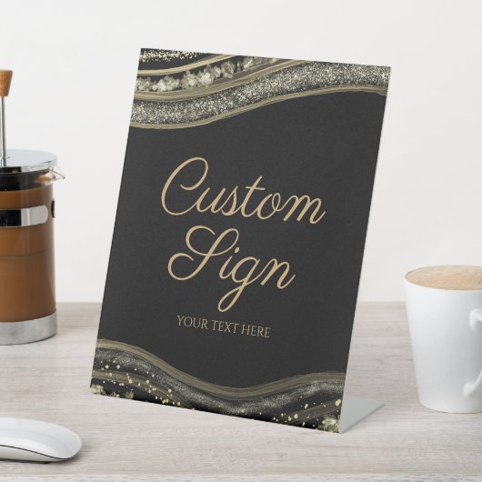 Signe De Table Elegant Black Gold Agate Custom Text (In SItu)