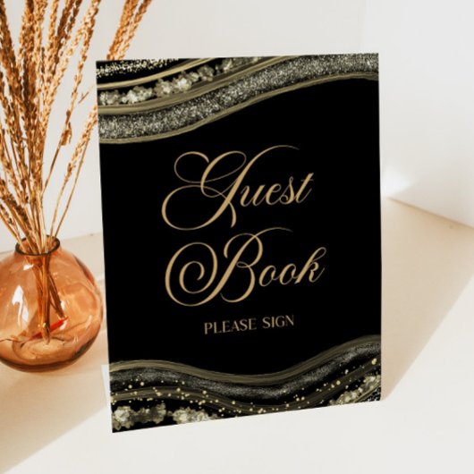 Signe De Table Elegant Black Gold Agate Guest Book Sign