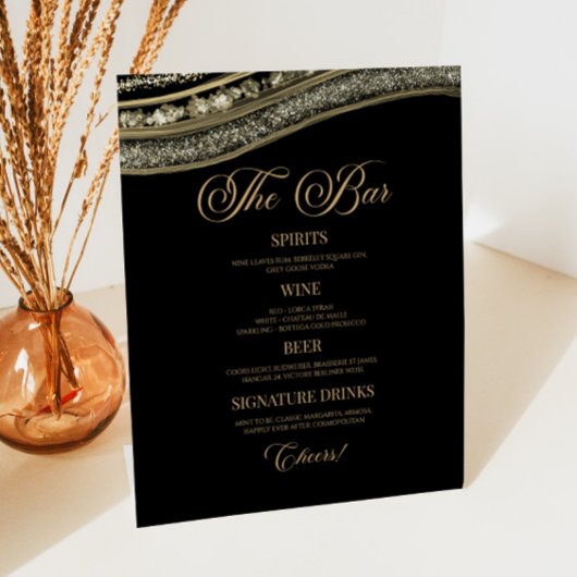 Signe De Table Elegant Black Gold Agate Party Bar Menu