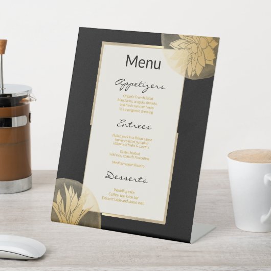 Signe De Table Elégant Black Gold Floral Mariage Menu (In SItu)