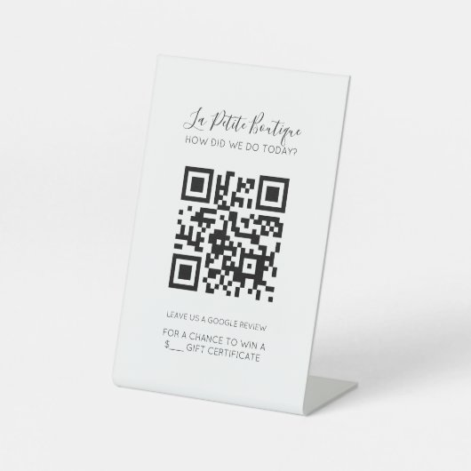 Signe De Table Élégant blanc Script minimal QR Google Review (Recto)