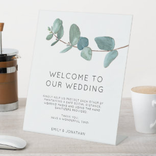 Signe De Table Elégant Blue Eucalyptus Welcome COVID Safety Pedes