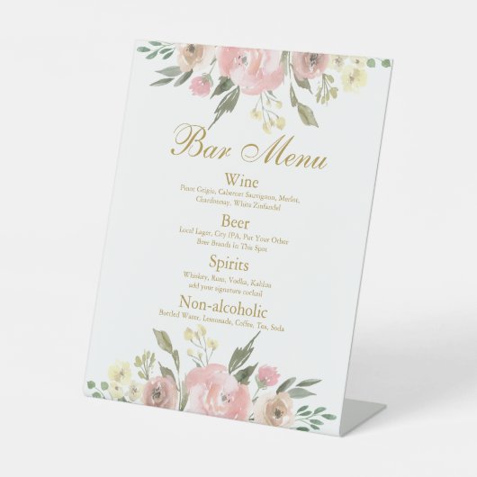 Signe De Table Elégant Blush Rose Floral Mariage Bar Menu (Recto)