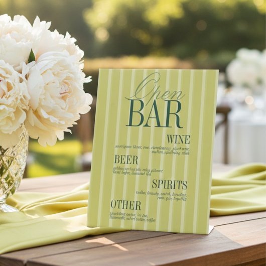 Signe De Table Elegant Chartreuse Stripe Open Bar Menu Wedding