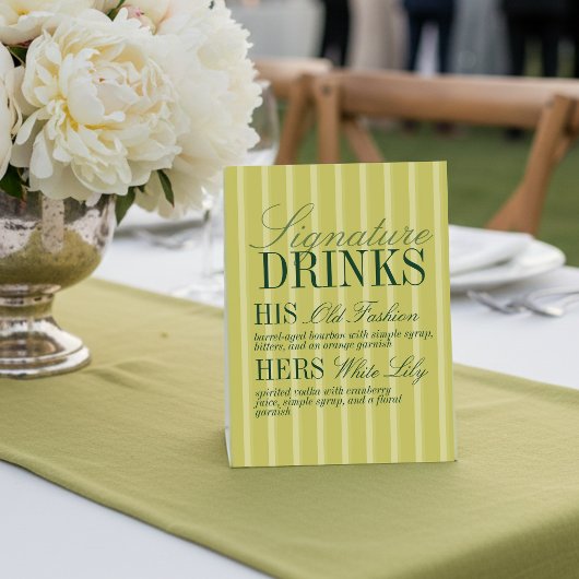 Signe De Table Elegant Chartreuse Stripe Signature Drinks Wedding