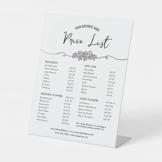 Signe De Table Elégant Chic Floral Design Menu Prix (Recto)