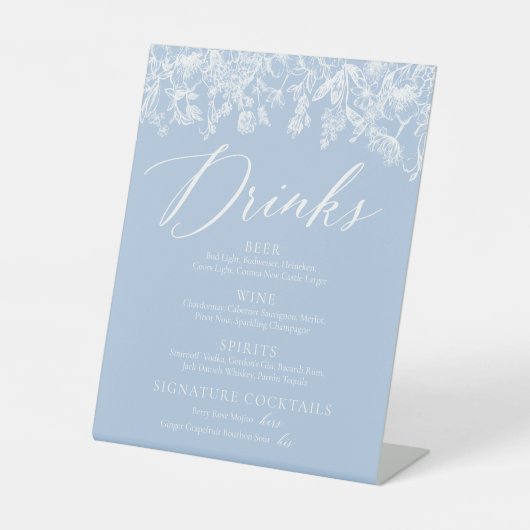 Signe De Table Élégant Dusty Blue Fleur sauvage Boissons Menu Sig (Recto)