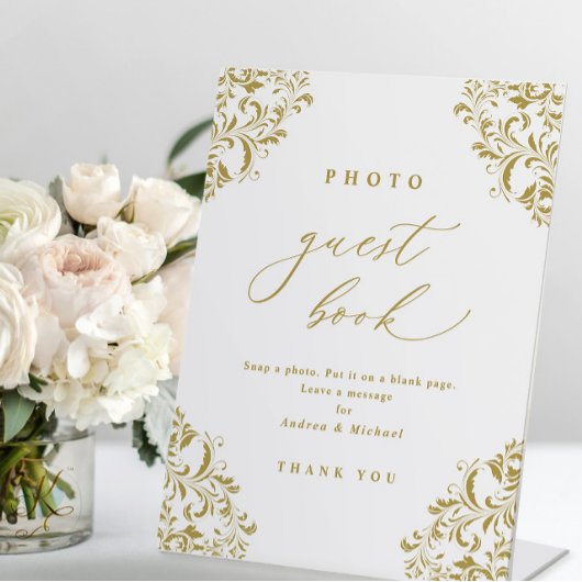 Signe De Table Élégant Gold Photo Guest Book Mariage Sign