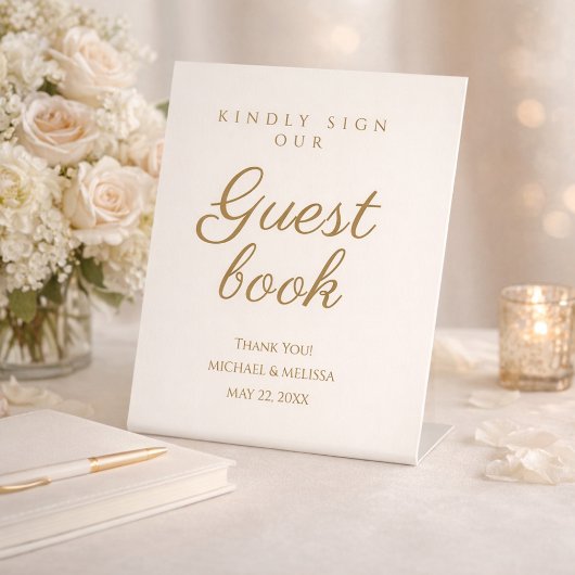 Signe De Table Elegant Ivory Gold Guest Book Message