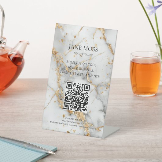 Signe De Table Élégant, Marbre-Blanc-Or, Salon, QR-Code (In SItu)