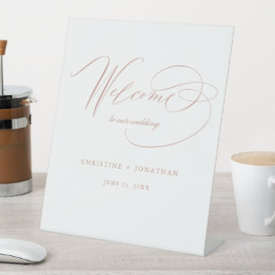 Signe De Table Élégant Mariage de script Gold Rose blanche