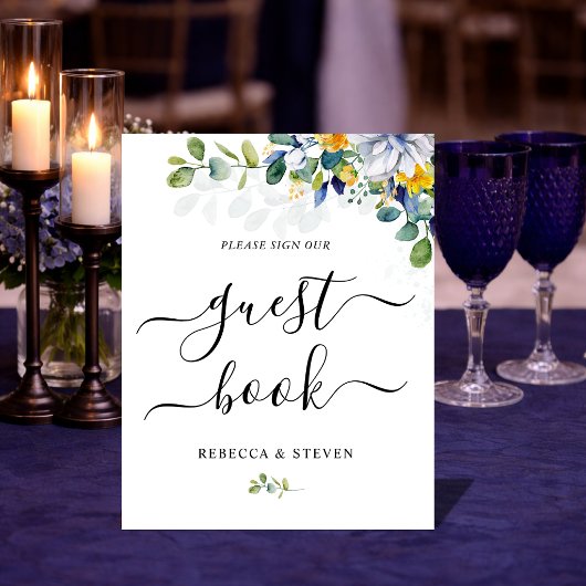 Signe De Table Élégant mariage jaune floral bleu blanc