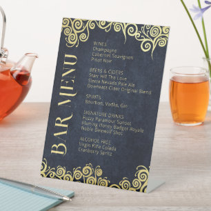 Signe De Table Elégant Marine Bleu Et Doré Flûtes Mariage Menu