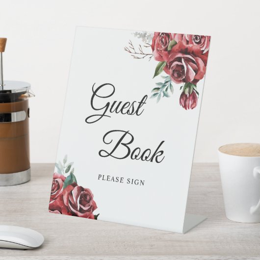 Signe De Table Elegant Marsala Red Rose Rustic Guest Book Sign (In SItu)
