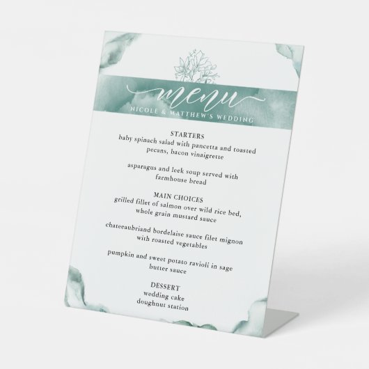 Signe De Table Elégant menu Aquarelle Argent Sage (Recto)