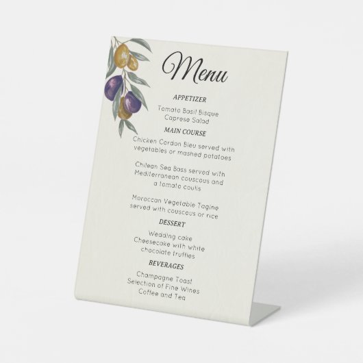 Signe De Table Elégant menu Mariage d'olive aquarelle (Recto)