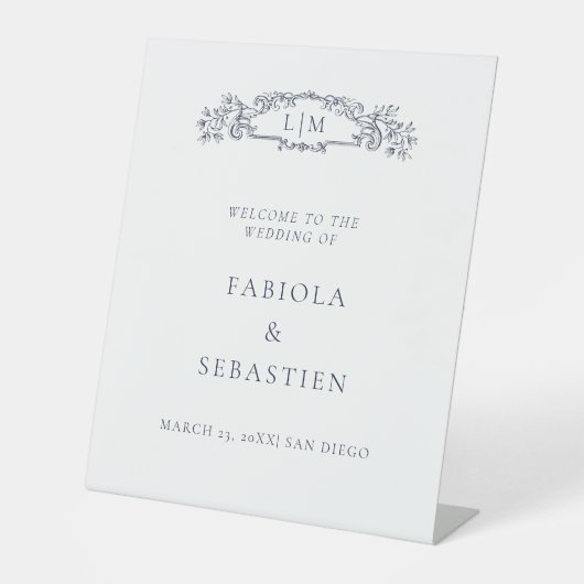 Signe De Table Élégant Monogramme de crête botanique Bleu Signal  (Recto)