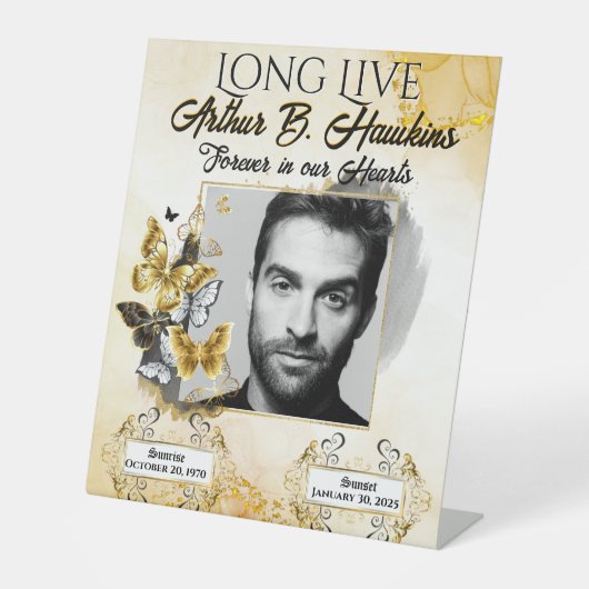 Signe De Table Elégant Noir et Or Memorial Photo Funeral (Recto)