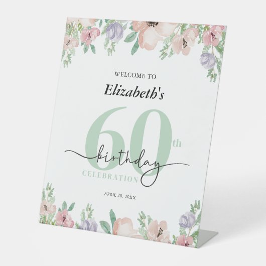 Signe De Table Elegant Pastel Floral 60th Birthday Party Welcome (Recto)